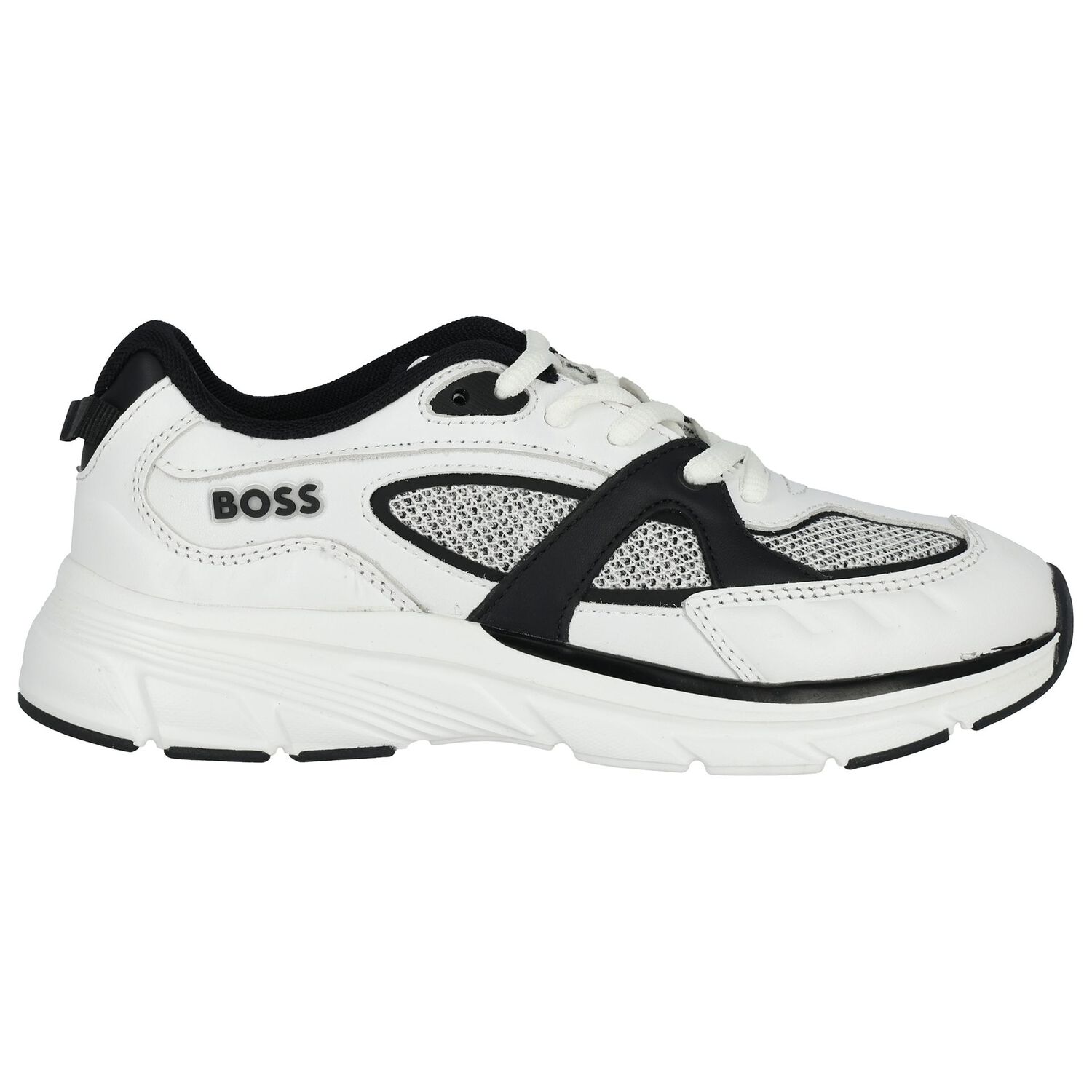 Boys White & Black Logo Leather Trainers, 1, hi-res image number null