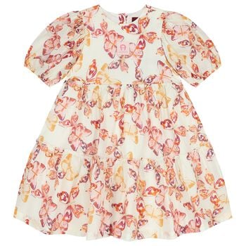 Girls Ivory & Pink Butterflies Logo Dress 