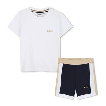 Younger Boys White & Navy Blue Shorts Set