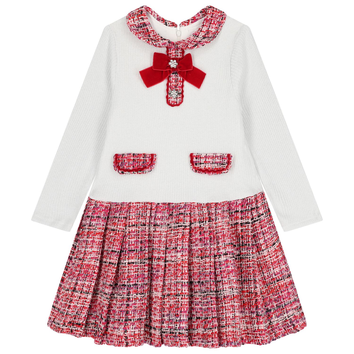 Girls Ivory & Red Tweed Dress , 1, hi-res
