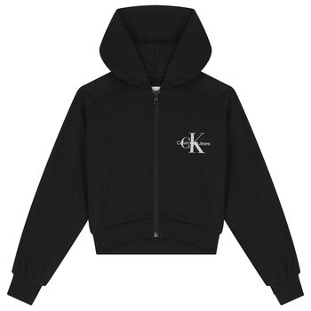 Girls Black Logo Hooded Zip Up Top