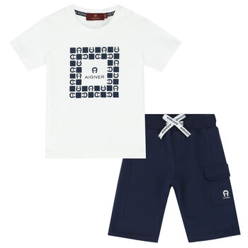 Younger Boys White & Navy Logo Shorts Set