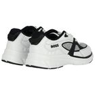 Boys White & Black Logo Leather Trainers, 1, hi-res
