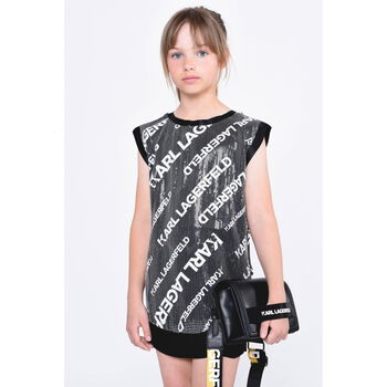 Girls Black & White Sequin Logo Dress