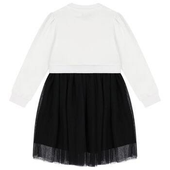 Girls White & Black Logo Tulle Dress