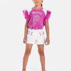 تيشيرت للبنات باللون وردي مزين بكشكشة وشعار, 1, hi-res