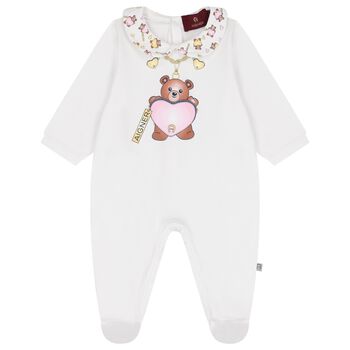 Baby Girls White Teddy Bear Logo Babygrow