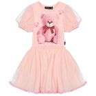Girls Pink Teddy Bear Tulle Dress, 1, hi-res