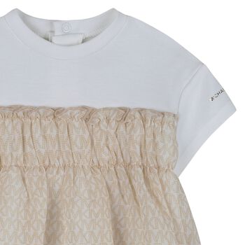 Younger Girls White & Beige Logo Dress