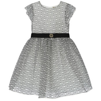 Girls Ivory & Black Logo Silk Organza Dress