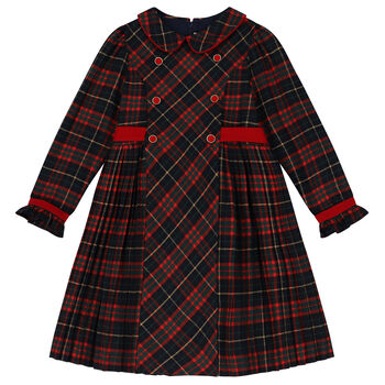 Girls Navy Blue, Green & Red Tartan Dress