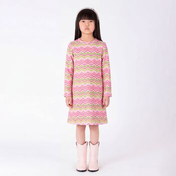 Girls Pink & Green Zigzag Dress