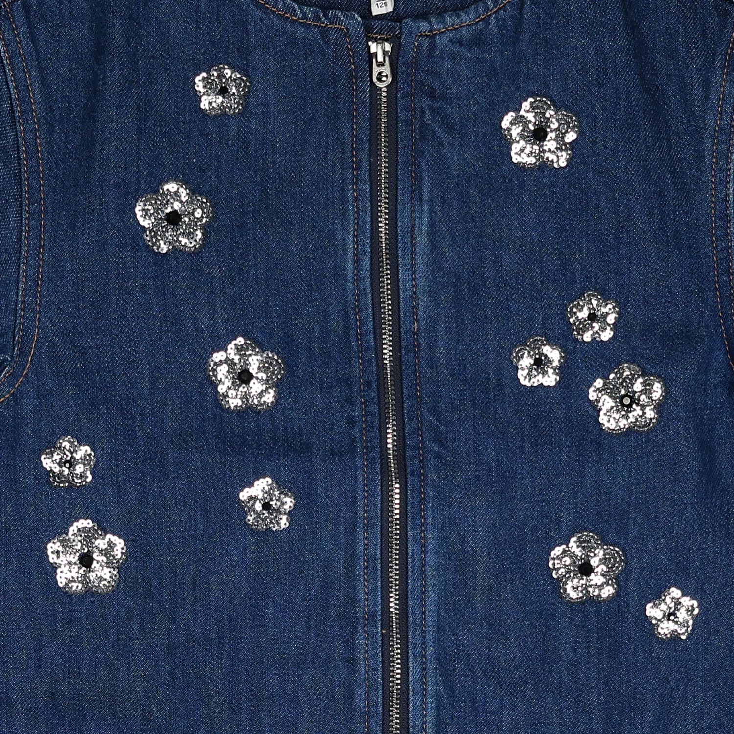 Girls Blue Denim Sequinned Floral Dress, 1, hi-res