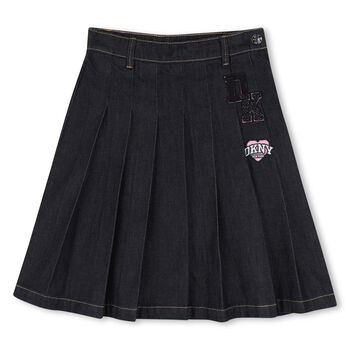 Girls Navy Blue Logo Denim Pleated Skirt