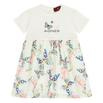 Younger Girls Ivory Butterflies Logo Dress
