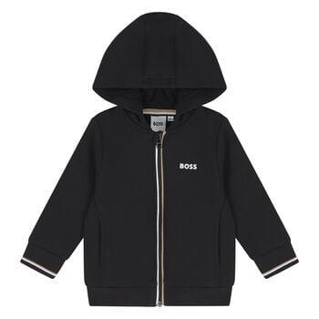 Younger Boys Black Logo Hooded Zip Up Top
