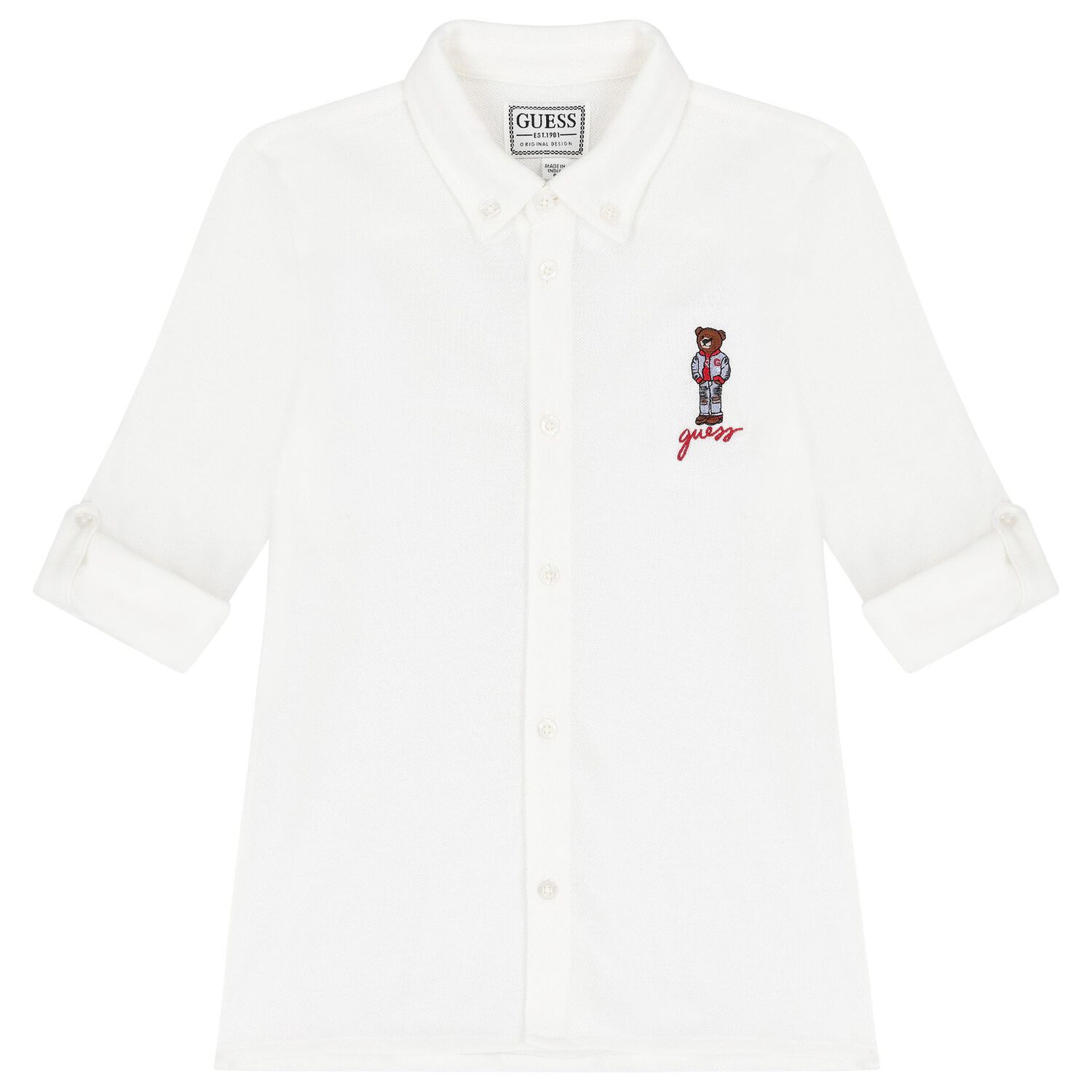 Boys White Teddy Bear Polo Shirt, 1, hi-res