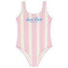 Girls Pink & Ivory Striped Logo Swimsuit, 1, hi-res