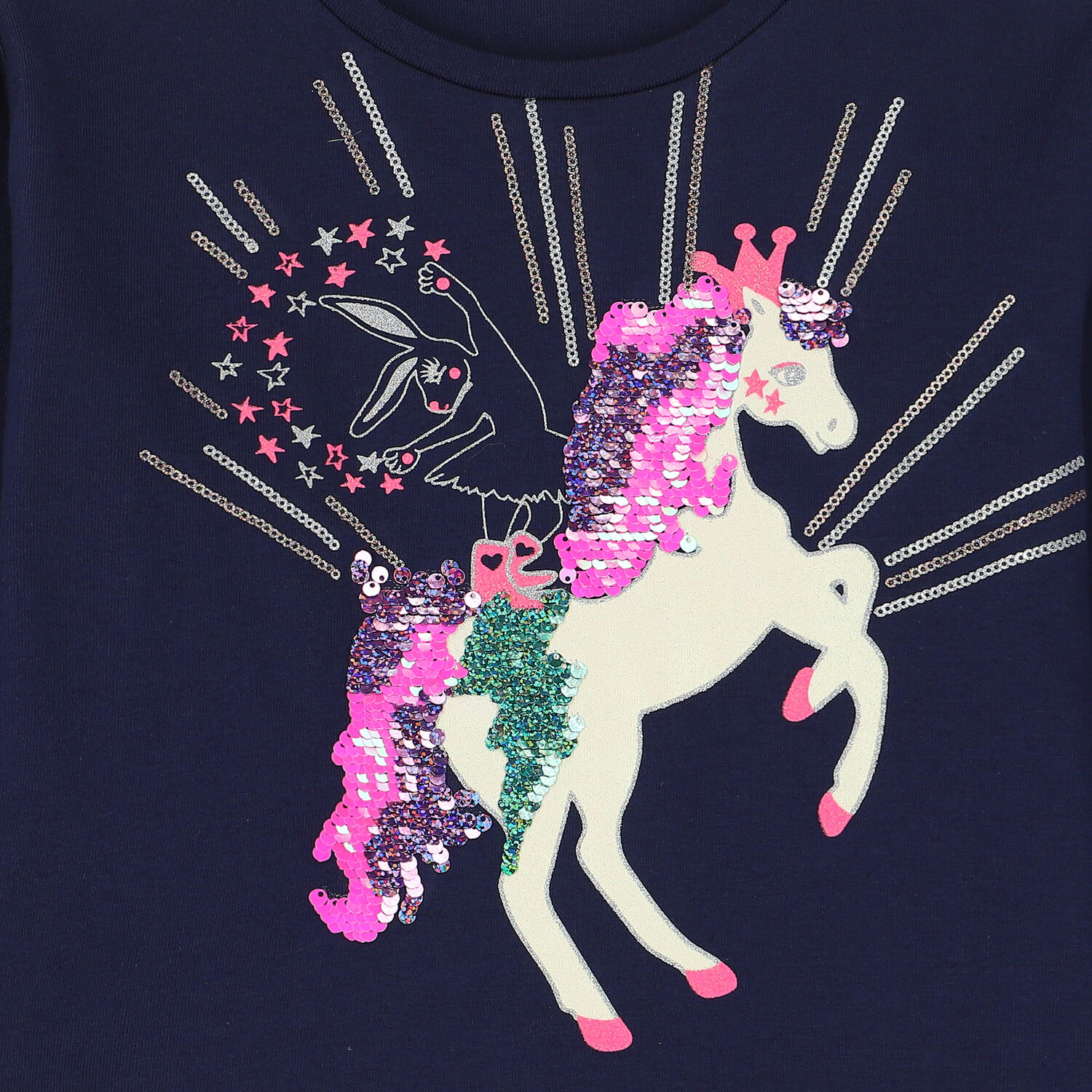 Girls Navy Unicorn Sequin Long Sleeve Top, 1, hi-res image number null