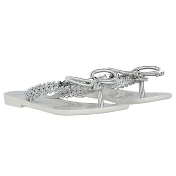 Girls Ivory & Silver Bow Flip Flops