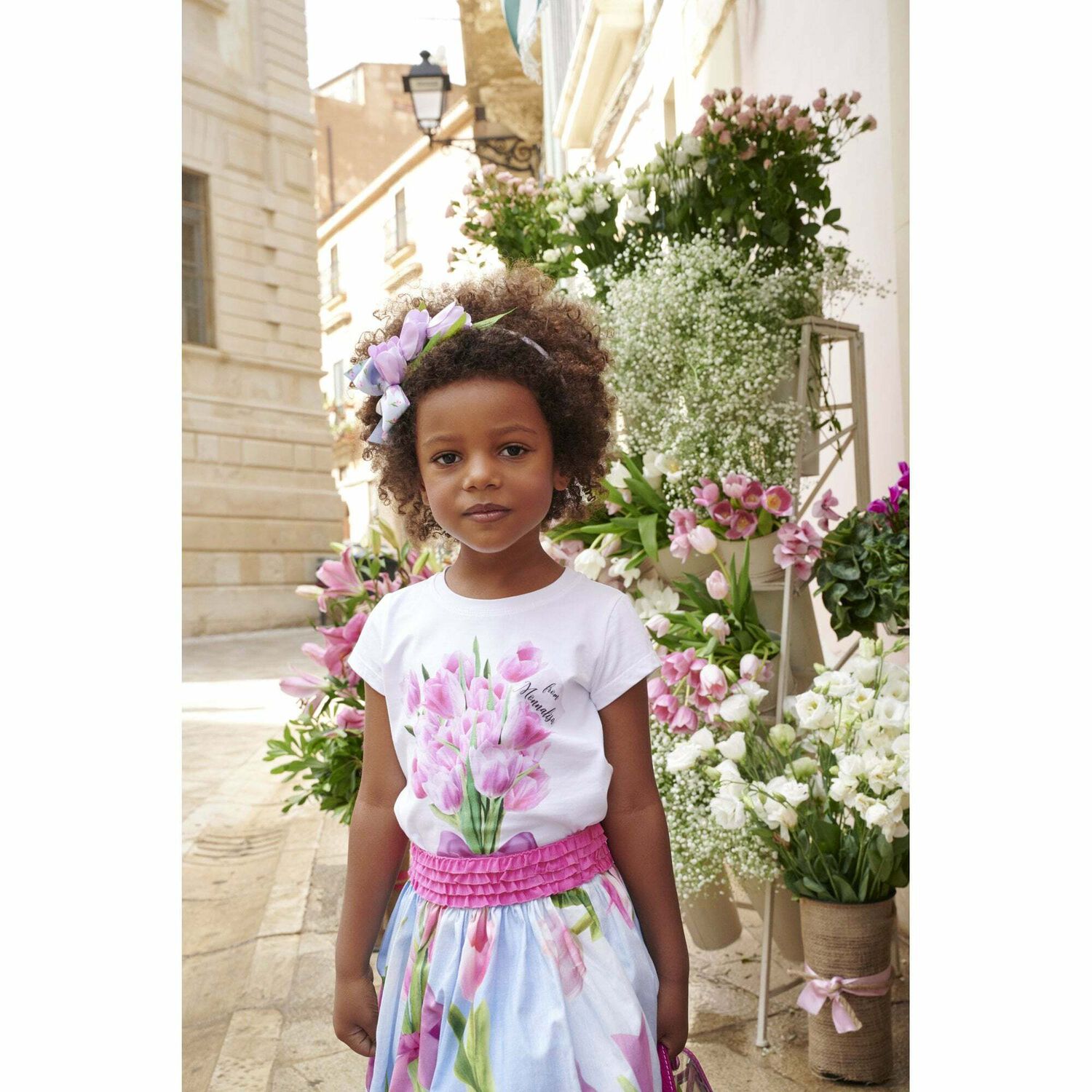 Girls White Tulip Printed Tops, 1, hi-res