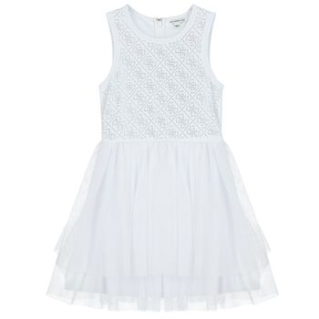 Girls White Logo Tulle Dress