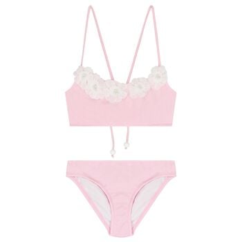 بيكيني اطفال مزين بزهور ثري دي باللون الوردي للبنات 