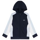 Boys Navy Blue, Blue & White Logo Hooder me d Zip Up Top, 4, hi-res