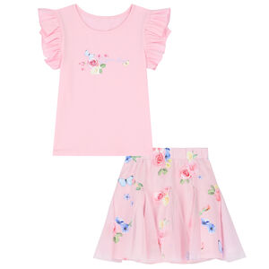 Girls Pink Floral Skirt Set