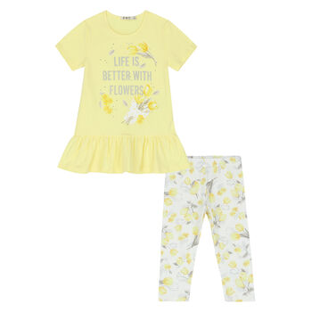 Girls White & Yellow Floral Leggings Set