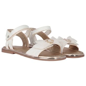 Girls White & Gold Leather Tulle Bow Sandal