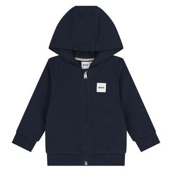 Younger Boys Navy Blue Logo Hooded Zip Up Top