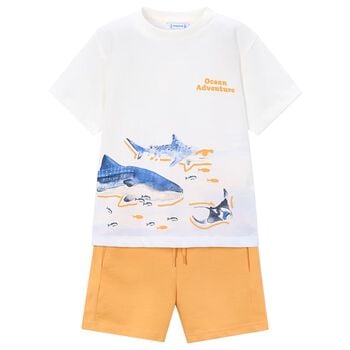 Boys White & Orange Shark Shorts Set