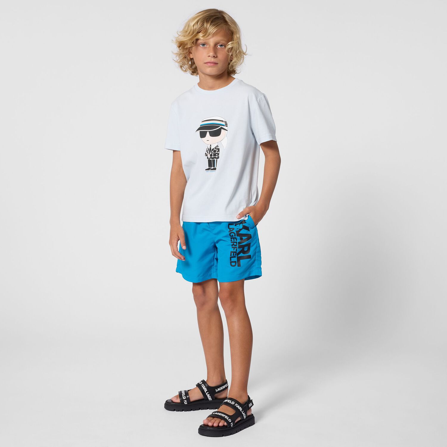 Boys Mini Me Blue Logo Swim Shorts, 1, hi-res