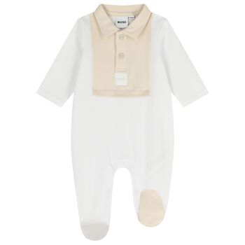 Baby Boys White & Beige Logo Babygrow