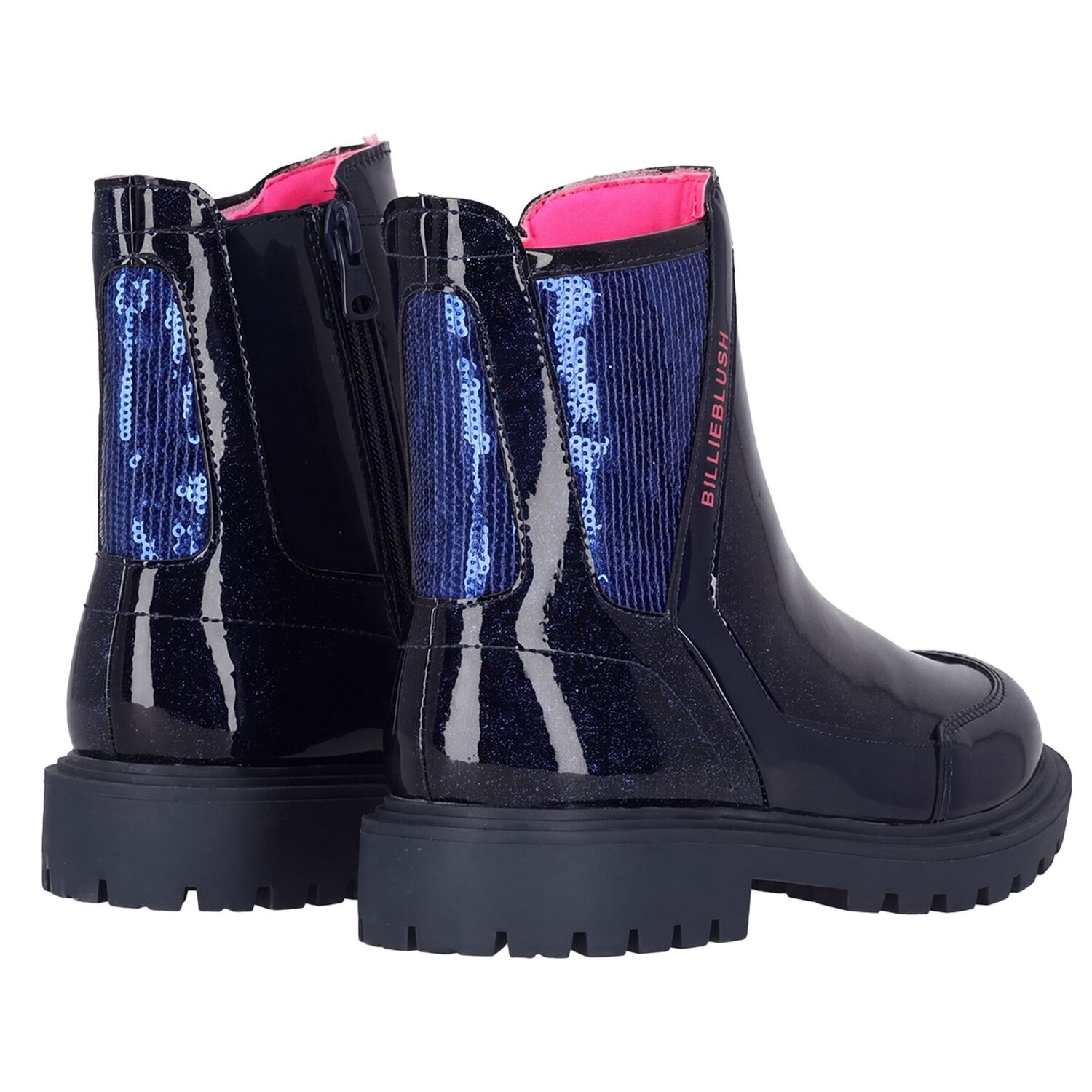 Girls Navy Blue Faux Leather Boots , 1, hi-res