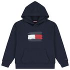 Boys Navy Blue Logo Hooded Top, 1, hi-res
