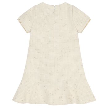 Girls Ivory & Gold Tweed Bow Dress