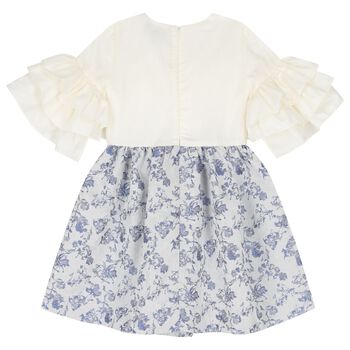 Girls Ivory & Blue Jacquard Dress