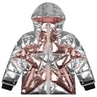 Girls Silver Metallic Star Puffer Jacket, 1, hi-res