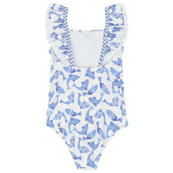 Girls White & Blue Fish Swimsuit