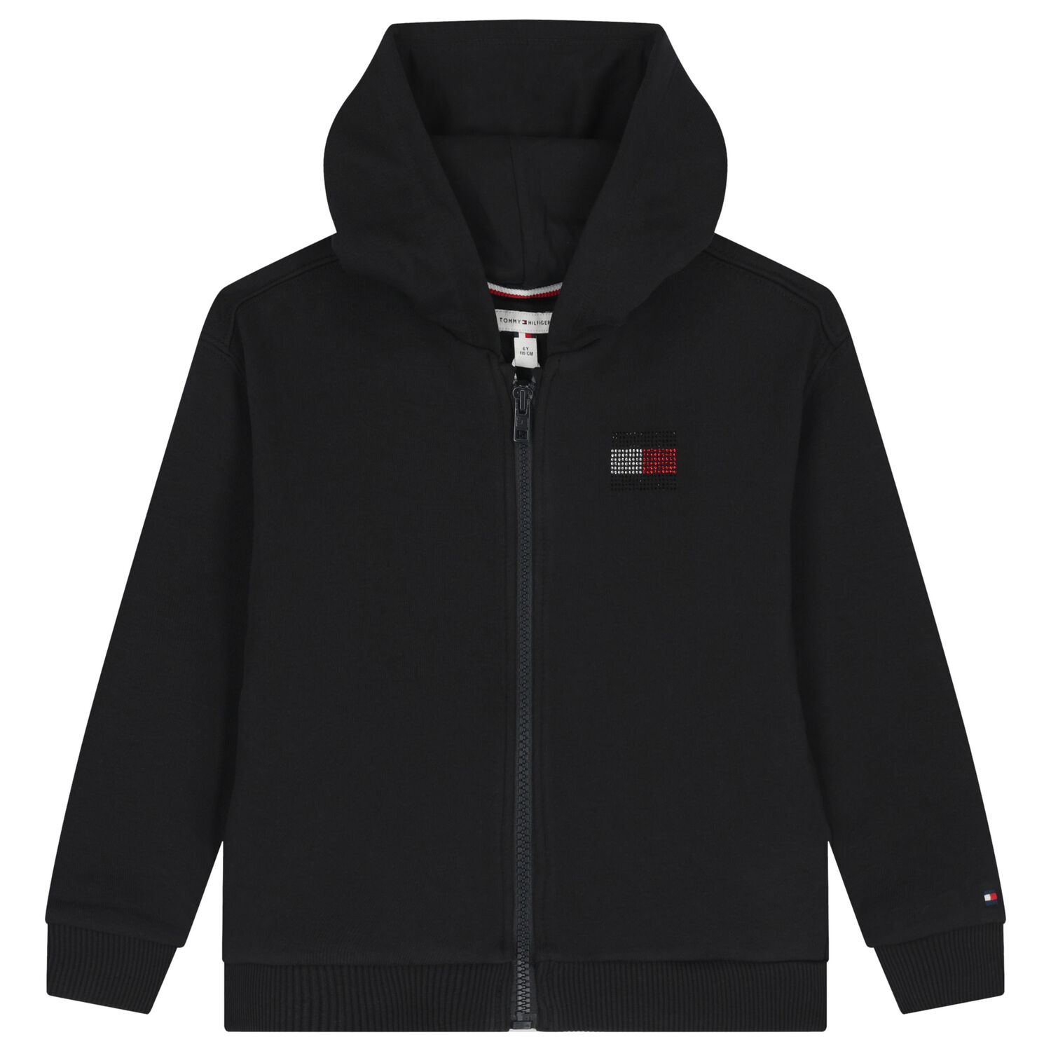 Girls Black Embellished Logo Hooded Zip Up Top, 1, hi-res