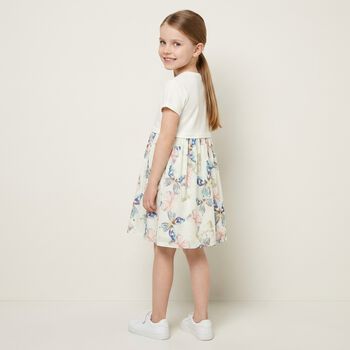 Younger Girls Ivory Butterflies Logo Dress