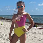 Girls Pink & Yellow Ruffle Swimsuit, 1, hi-res