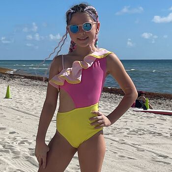 Girls Pink & Yellow Ruffle Swimsuit