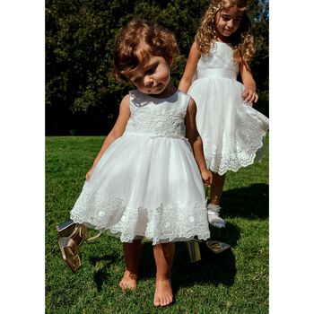 Younger Girls White Embroidered Tulle Dress