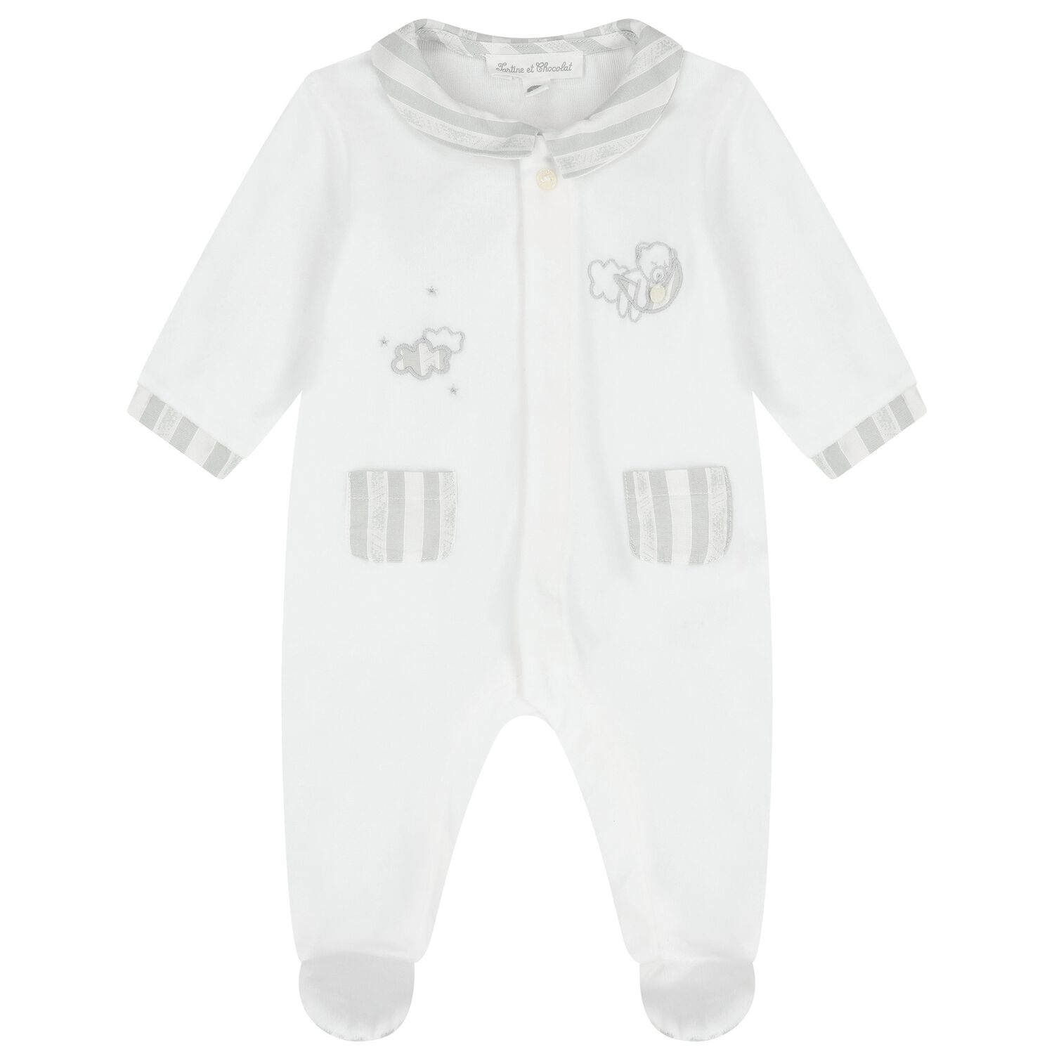 Baby Boys White & Grey Striped Collar Babygrow, 2, hi-res