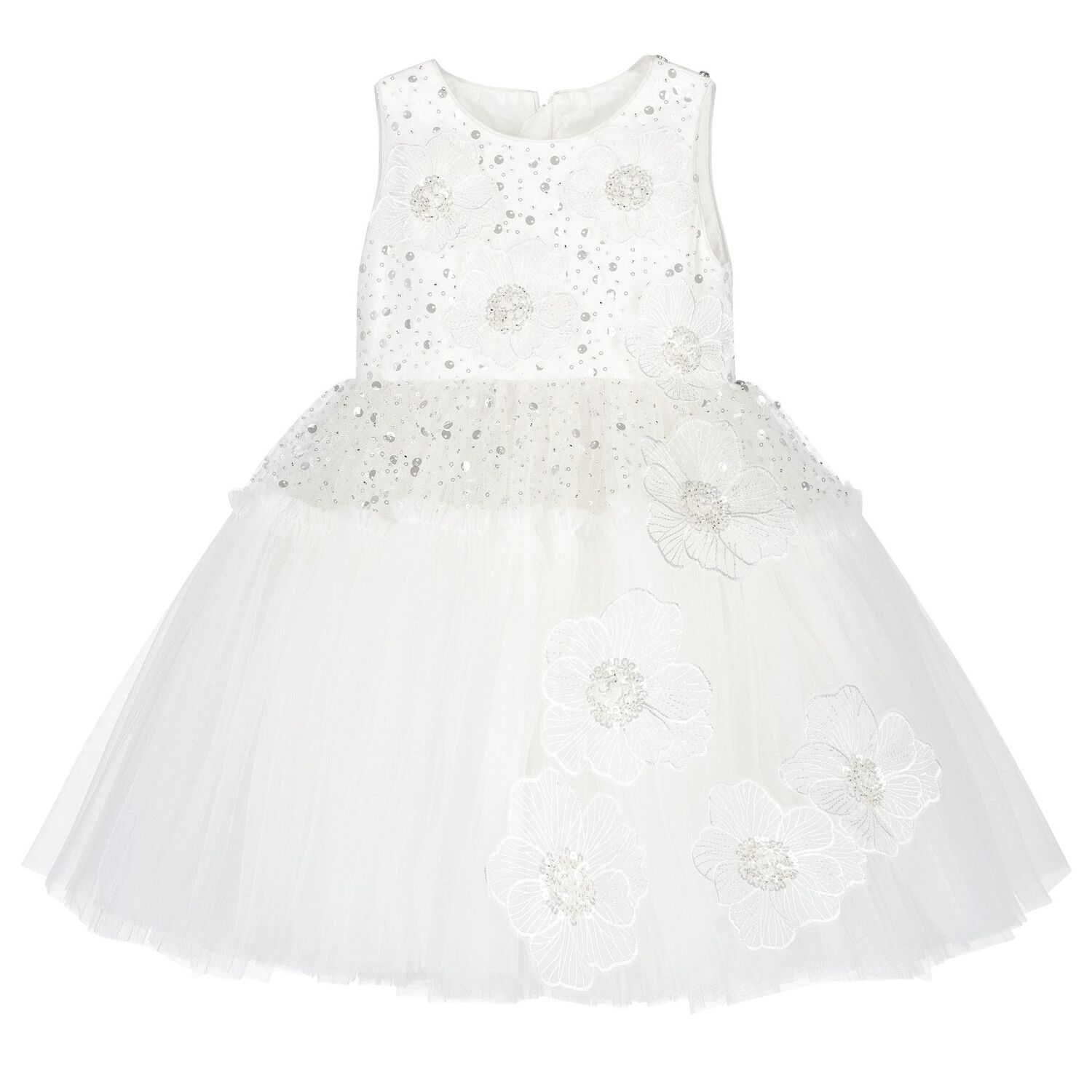 Girls White Sequin Tulle Flower Dress, 1, hi-res image number null
