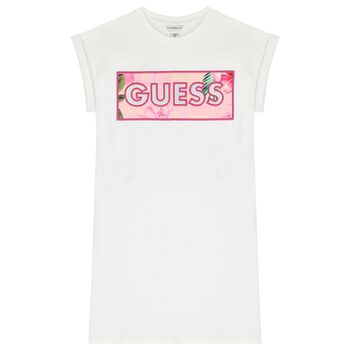 فستان بناتي باللون الابيض مرصع بأحجار الراين مزين بشعار