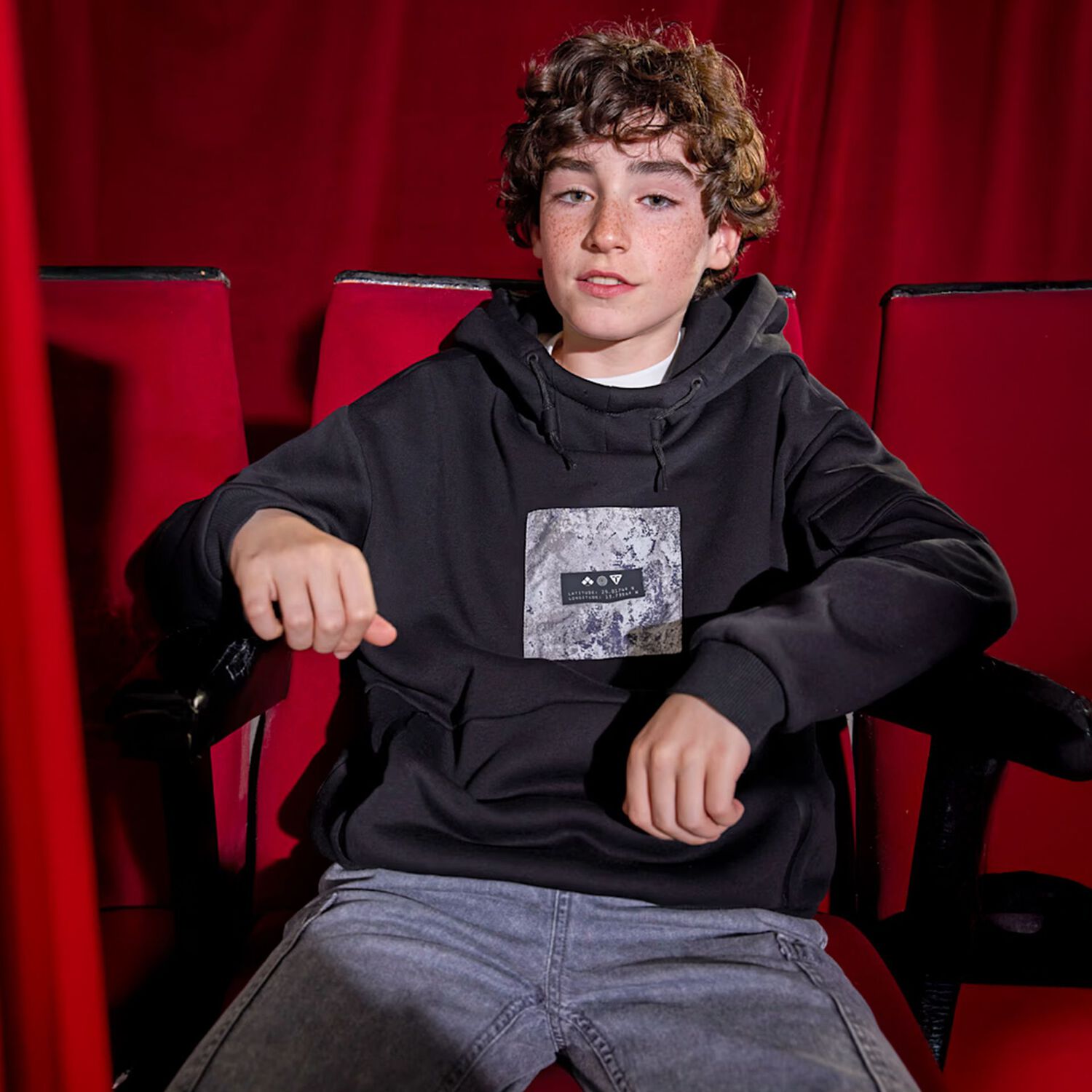 Boys Black Hooded Top, 1, hi-res